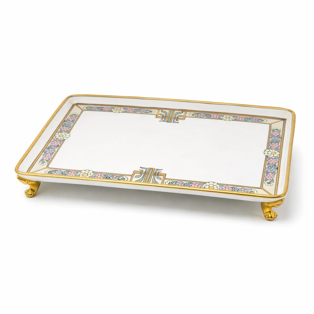 Vintage T&V Limoges France Rectangular Porcelain Vanity Tray w/ Gold Feet